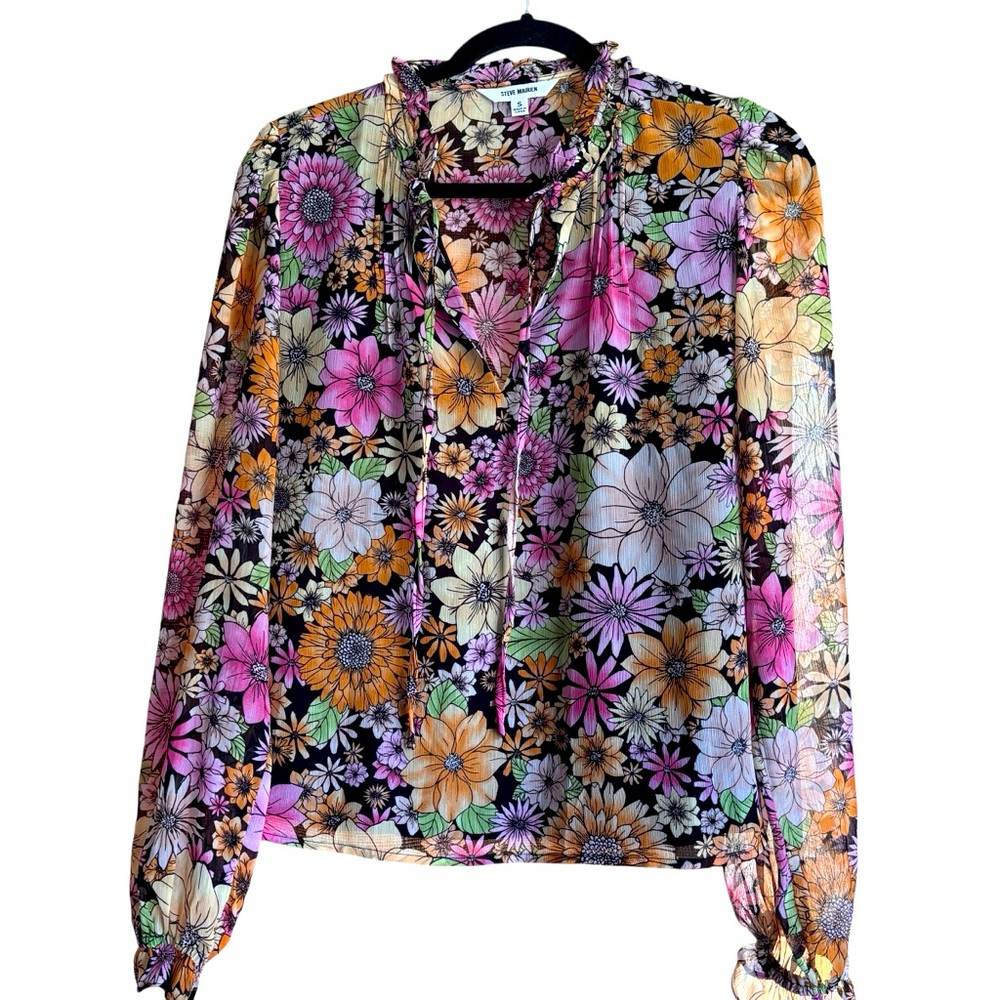 Steve Madden Womens Floral Ruffle Tie Neck Chiffon Blouse Whimsical Boho Sz S